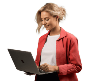 Eine Frau sucht mit Ihrem Laptop nach einem Sales Job